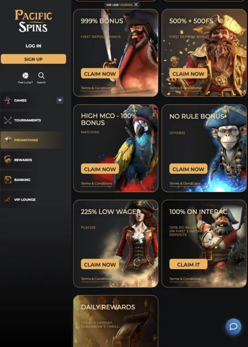 Promozioni premi premium display Pacific Spins Casino